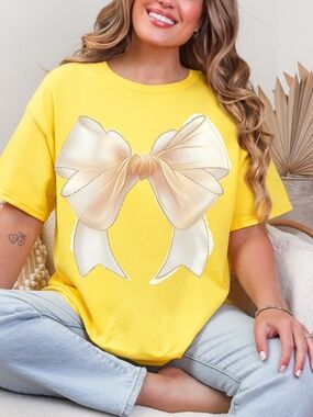 Gildan Yellow Tee with Cream Bow Graphic
